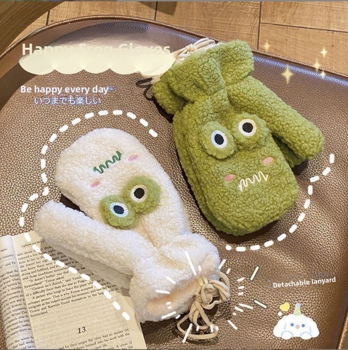 Wool Glove Lined - Koreanischer Stil, süße grüne Cartoon-Frosch-Handschuhe, Damen-Outdoor-Fahrradhandschuhe,